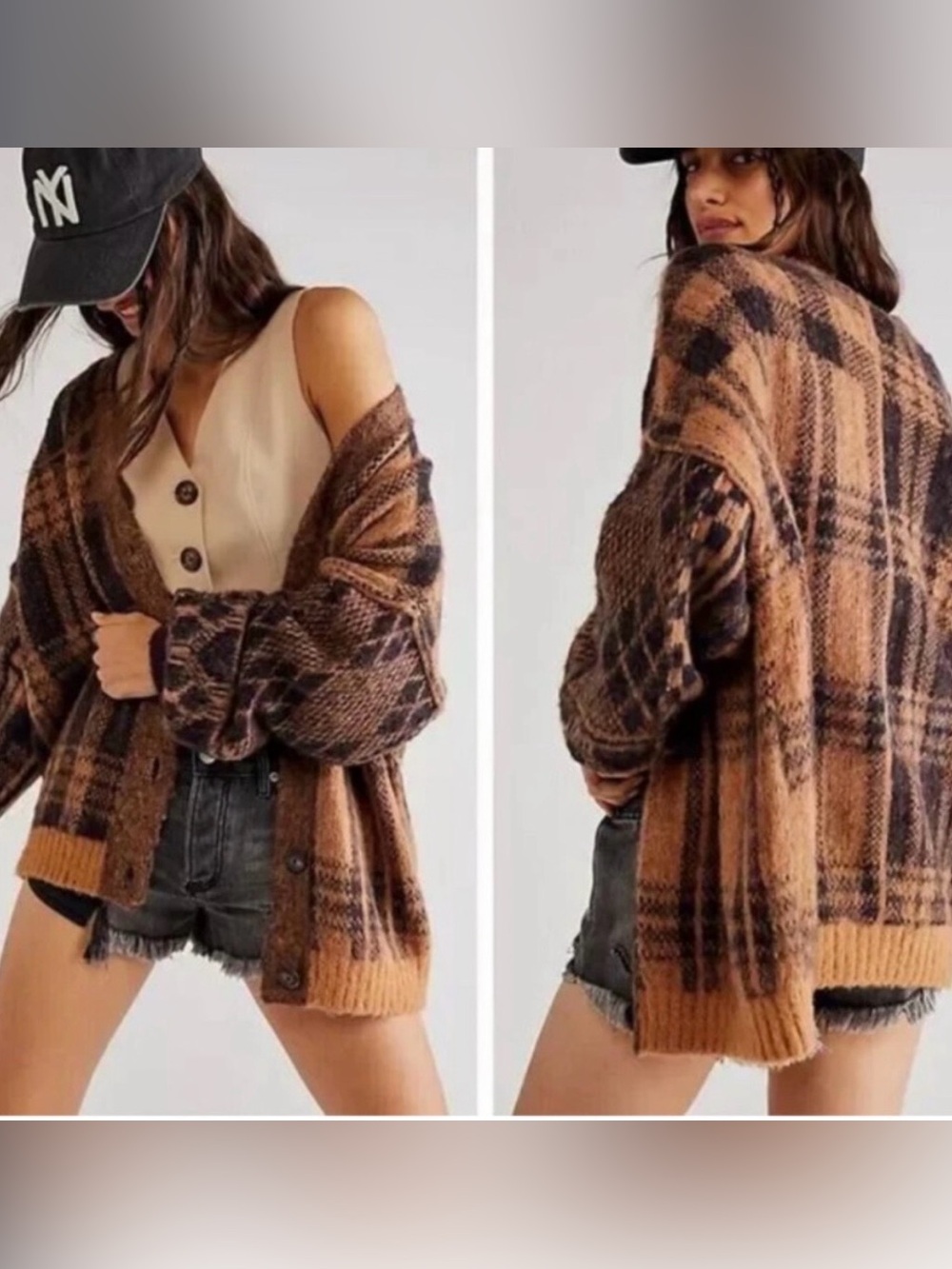 Free People Sepua Plaid Open-Front Cardigan in Brown and Tan